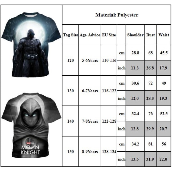 Moonlight Knight Boy Kortärmad 3D T-shirt Summer Casual E 150CM