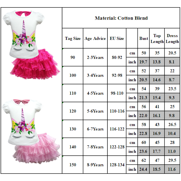 Flickor Barn Unicorn Klänningsset Barn Kortärmad Festkläder pink 140cm
