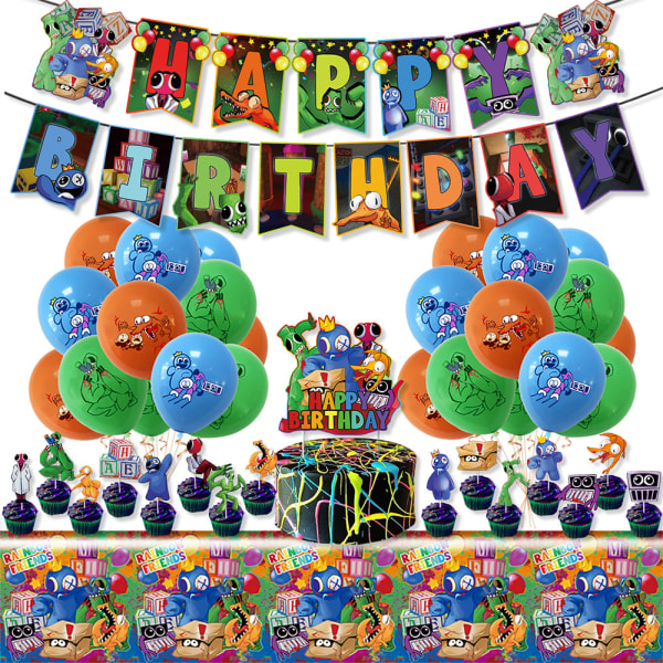 Rainbow Friends Födelsedagsfest Dekor Banner Cake Topper Ballonger