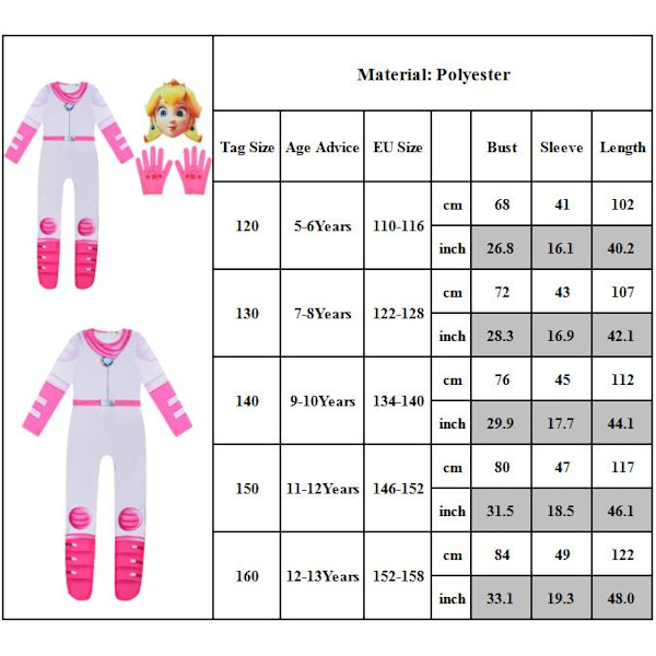 Peach Princess Cosplay Jumpsuit - Födelsedagsfest & Scenkläder 160CM
