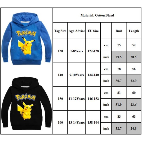 Tecknad Pikachu långärmad hoodie för barn Tröja Jumper Toppar blue 130cm