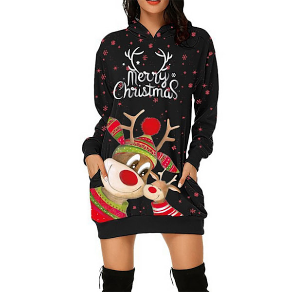 Glad Jul Dam Reindeer Tryckt Hoodie Tröja Mini Klänning Jul Black 3XL