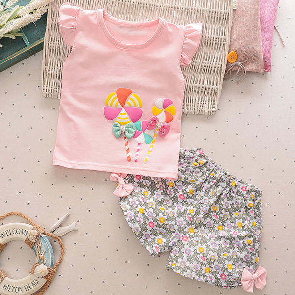 Girl Kid Summer Windmill Print Kortärmad Set Casual Outfit pink 80cm