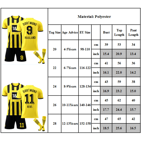 Dortmund fotbollsträningssats för barn Pojkar träningsoveralltröja skjorta+shorts+strumpor #9 20