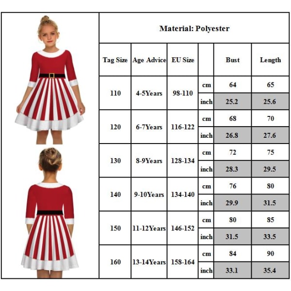 Tryckt Julrandig Festklänning Prinsessklänning Barnkjol 130CM