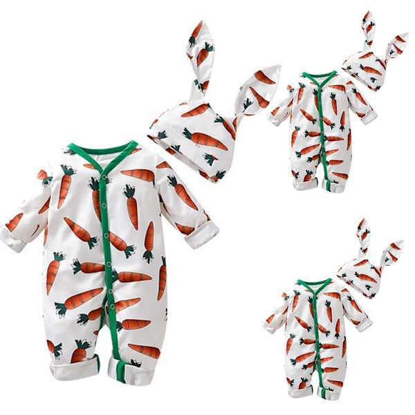 Baby Påskehare Kostume Langærmet Tegneserie Gulerod Print Romper 3-6M