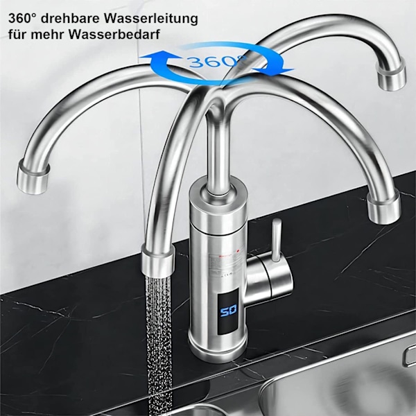 Elektrisk 30-60° vandhane med temperaturdisplay, rustfrit stål 304, 360° drejelig, husholdningsbrug, digitalt display, 3-sekunders opvarmning