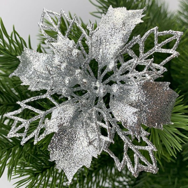 1st Julhängande Glitter Blomma Träddekorationer Xmas Silver