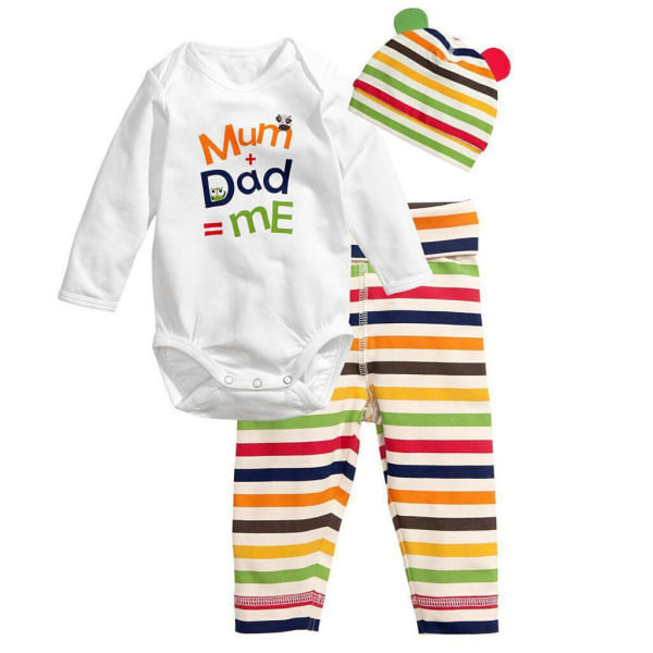 Newborn Baby Kläder Pojke Flicka Långärmad Romper Toppar + Byxor + Hatt Outfits Set Striped letter 80cm