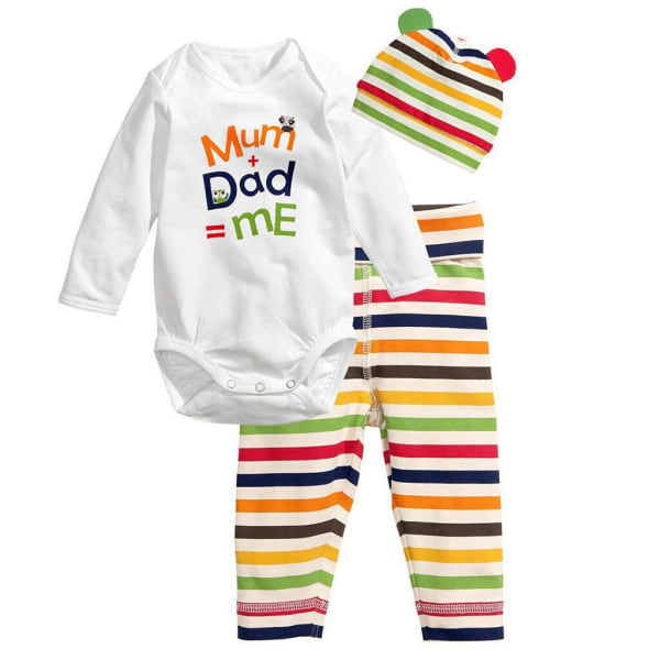 Nyfödd Bebis Kläder Pojke Flicka Långärmad Romper Toppar + Byxor + Hatt Outfit Set Striped letter 80cm