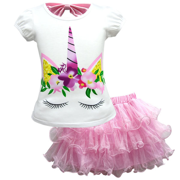 Flickor Barn Unicorn Klänningsset Barn Kortärmad Festkläder pink 140cm