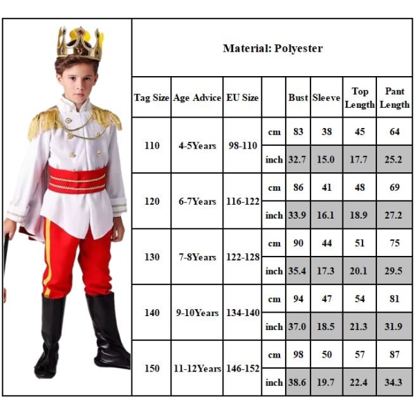 7-delars Kunglig Prins Charming Kostym för Barn Karneval Cosplay Maskeraddräkt 110cm