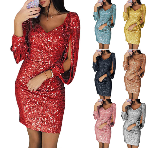 Kvinnor Slit Sleeve Sequin V-Neck Stealth Dress Sparkly Party Bodycon Mini Klänningar Red L