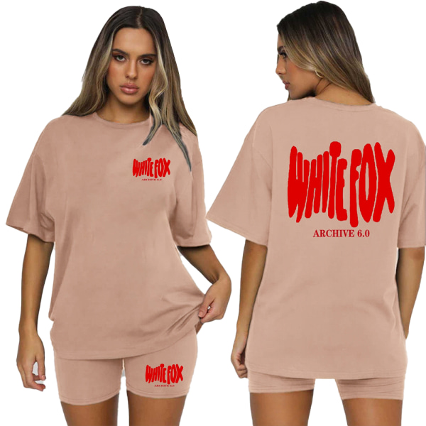 Womens Summer White Fox Träningsoveraller Set 2ST T-shirt Shorts Casual Toppar Byxor Mode Träningsoveraller Camel XL