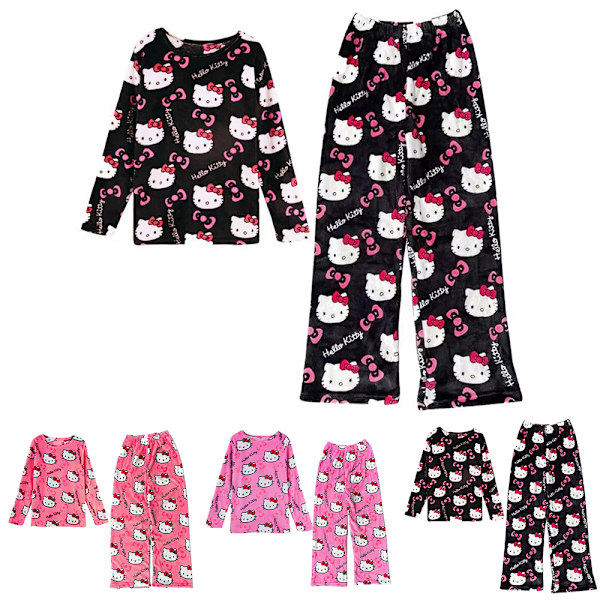 Pyjamas Set Cartoon Pyjamas för Kvinnor och Flickor Långärmad Skjorta med Byxor för Sovkläder Hemkläder 2-delad Pyjamas Set Black Pink XL