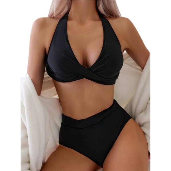 Dam Push Up Bikini Padderad Halter-Neck Baddräkt Set Hög Midja Baddräkt Badkläder Black S