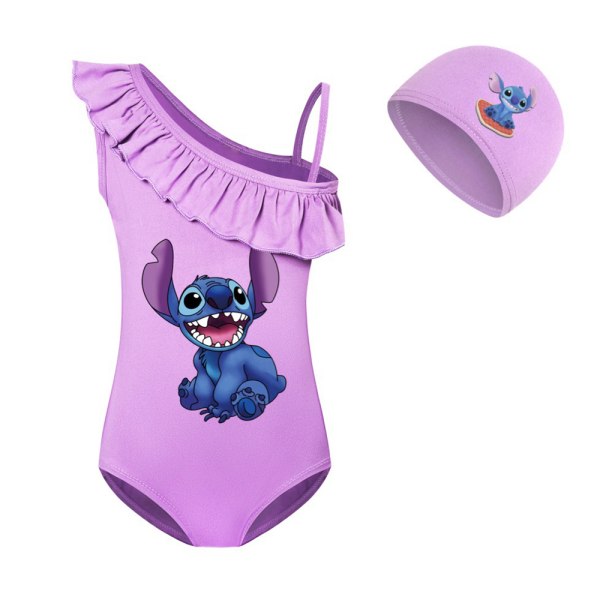 Lilo Stitch Print Barn Flickor Monokini Badkläder Baddräkt + Cap Kostym Surf Beachwear Purple 150cm