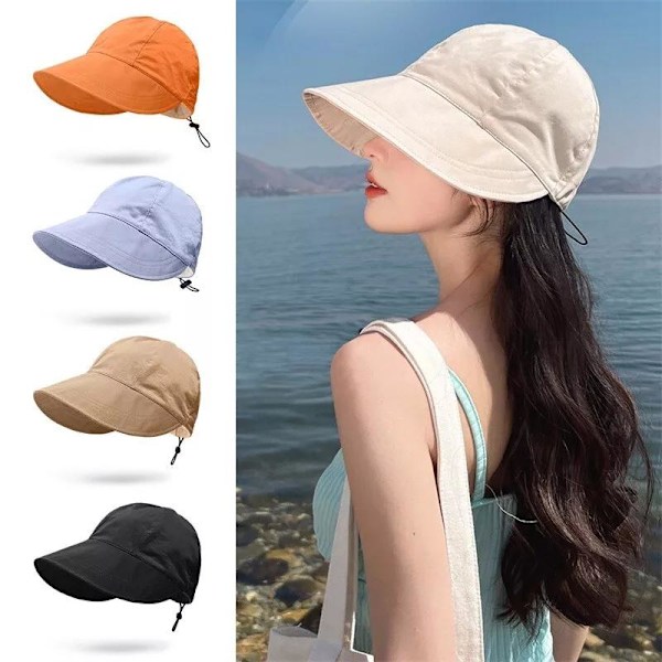 Solhatt för kvinnor, UV-skydd för utomhusbruk, bredbrättad solhatt med hästsvansöppning, strandhattvisir för golf, trädgårdsarbete, pool, resor Khaki