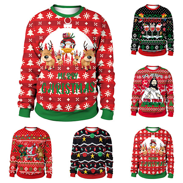 Nyhet Rolig Jultröja Långärmad Herr Dam Rund Hals Jumper Pullover Toppar D 2XL