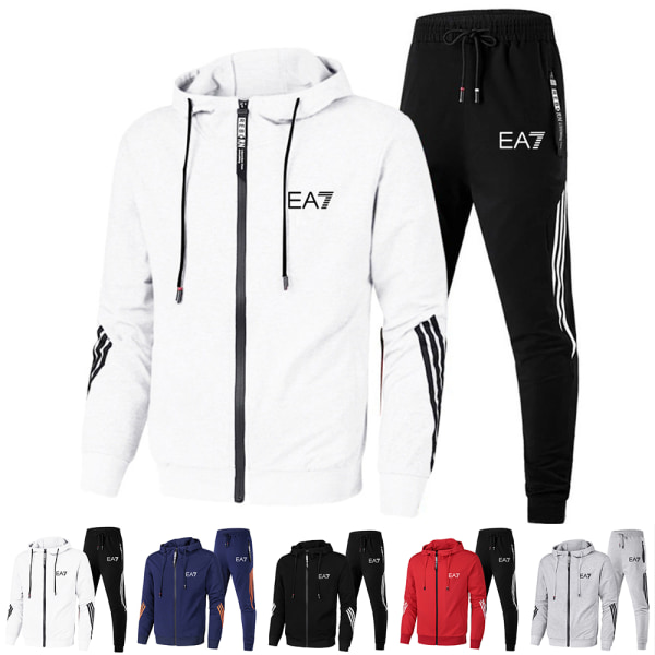 Män EA7 Sports Huvtröja & Byxor Set Långärmad Hel Dragkedja Hoodie Sweatshirt Jacka + Joggingbyxor Sweatpants Outfit Med Fickor Light Grey 3XL