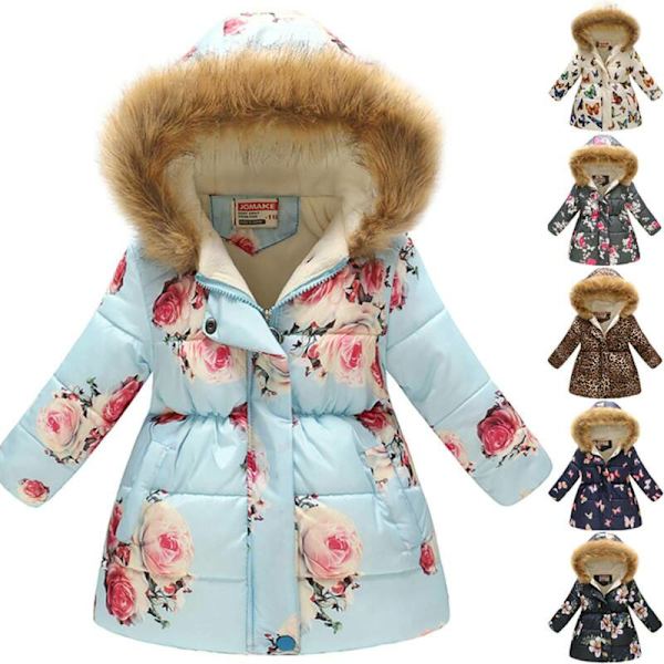 Børn Piger Vinter Hættetrøjer Frakker Vatteret Varm Jakke Pels Hætte Blue&pink 4-5 Years