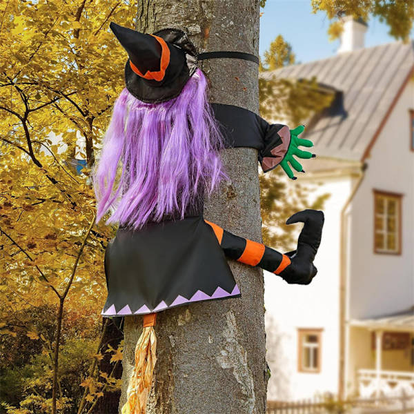 Heks der styrter ned i træ Halloween Flyvende Udendørs Dekoration orange