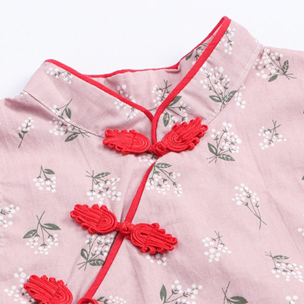 Qipao Cheongsam-klänning för flickor, sommarklänning för små flickor med rutigt och blommigt mönster, vardagsklänning för små flickor Pink 130cm