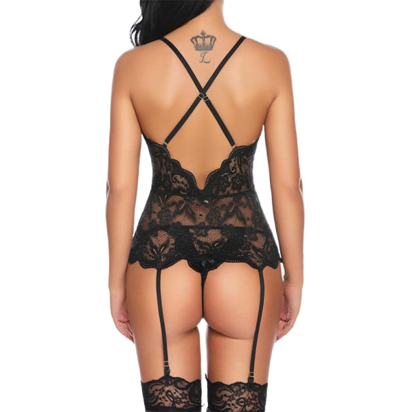 Damernas Sexiga Lingerie Slings Lace Transparent Bodysuit & Strumpbyxor Black S