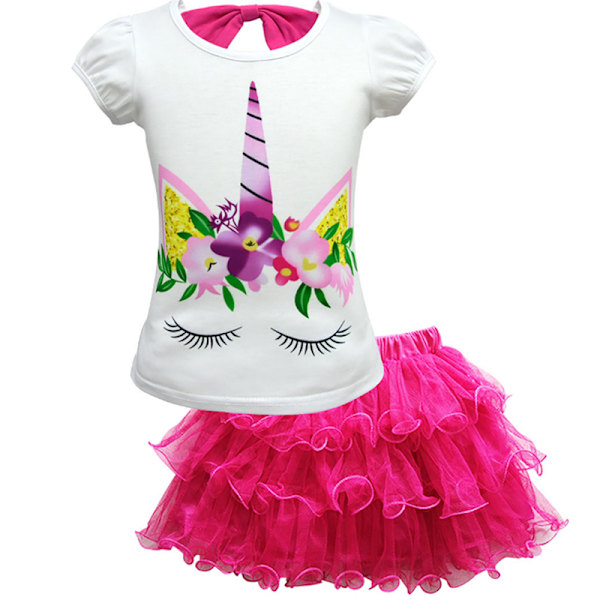 Flickor Barn Unicorn Klänningsset Barn Kortärmad Festkläder rose red 100cm