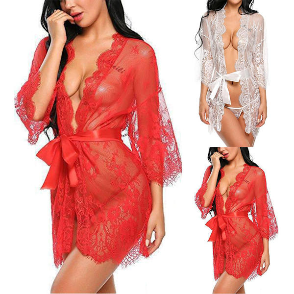 Kvinnors Spets Kimono Genomskinlig Robar Dam Sexig Lingerie Nattkläder Dressing Gown Red L
