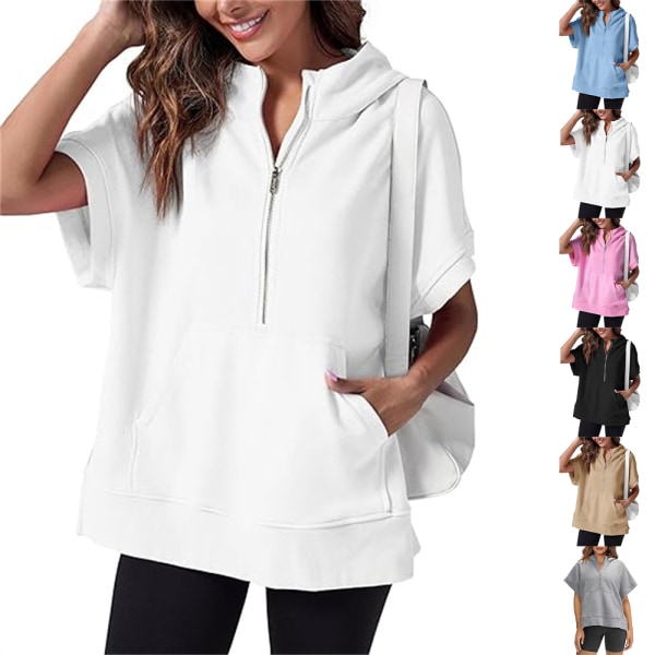 Kvinnors Oversize Kortärmad Halv Blixtlås Hoodie Fashionabel Sommar Sporttröja med Fickor White XL