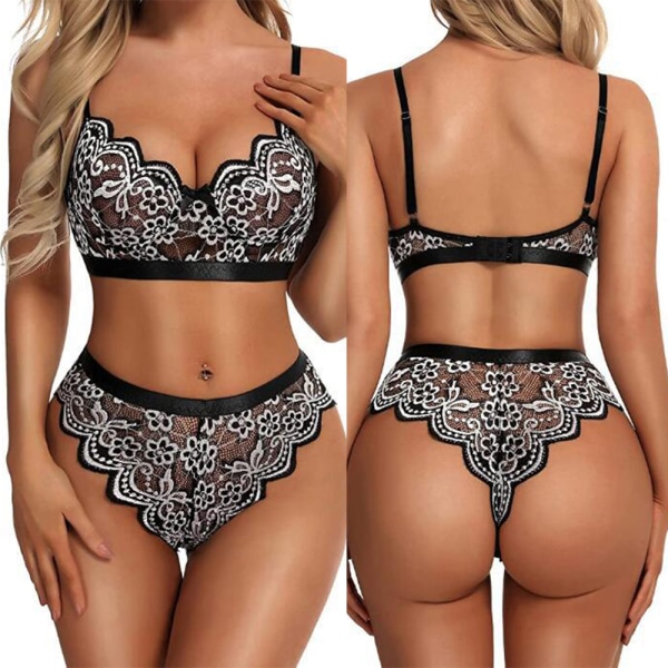 Sexig spetsbh och trosor för kvinnor, nattkläder, babydoll-set, underklädesset Black M