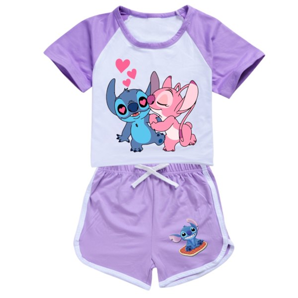 Barn Flickor Pojkar Lilo & Stitch Tryckt Kortärmad T-shirt+shorts Sport Outfit Set Flickor Träningsdräkt Purple 140cm