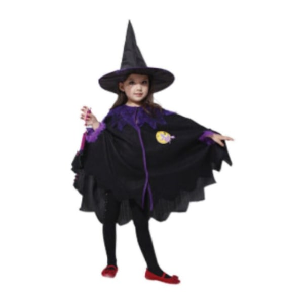 Häxkostym för flickor Svart katt trollkarl cosplay kostym set flickor Halloween karneval fest häxkappa klänning（Kappa+hatt） Cloak+Hat 120cm