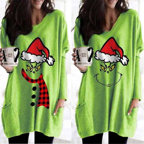 Grinch Jultröja för Kvinnor, Casual Långärmad Tryckt Sweatshirt A XL