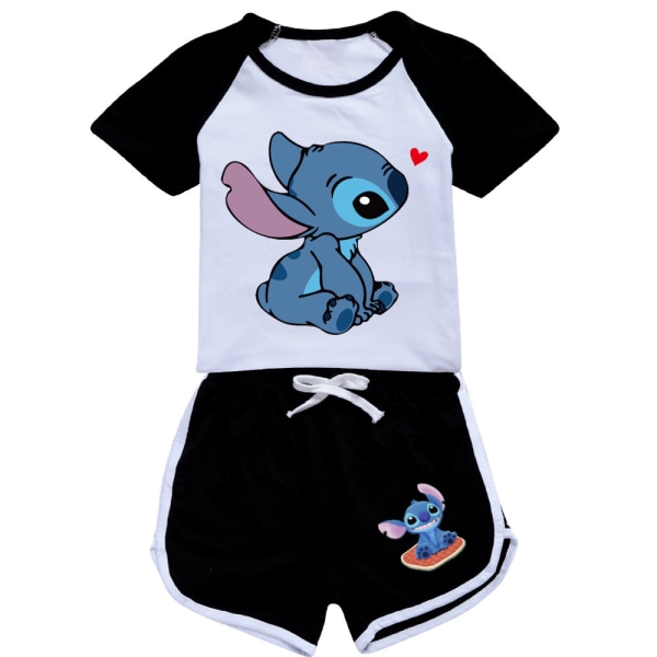 2-delars Set för Flickor, Lilo & Stitch Tryck, Avslappnad T-shirt & Shorts Black 150cm