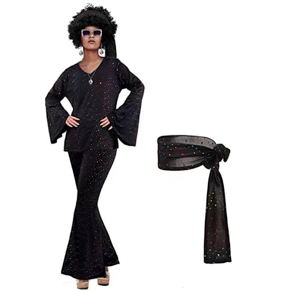 Halloween 70-tals Disco Kostym Set för Kvinnor, Disco Party Topp Byxor Huvudbonad Outfit Set Maskeraddräkt Black M
