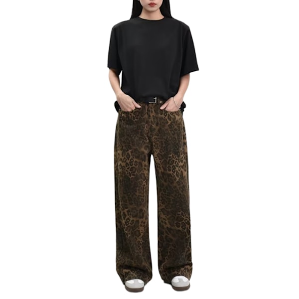 Leopard Jeans Dame Denim Bukser Kvinde Oversize Bred Ben Bukser M