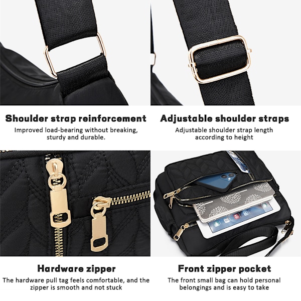 Damväska Messenger Cross Body Bag Kvinnor Axelväska Semester Resväska Handväskor Sling Pack Black