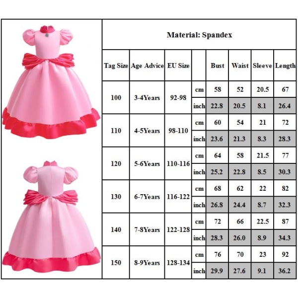Flickors Prinsessan Peach Klänning Kostym Julparty Klänning Upp 150cm