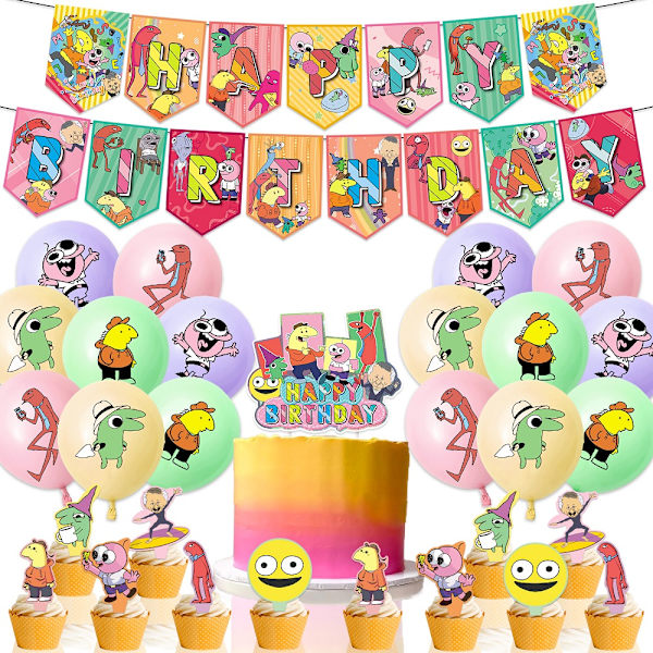 Smiling Friends Tema Födelsedagsfest Tillbehör Banner Ballonger Tårta Cupcake Toppers Set Dekoration