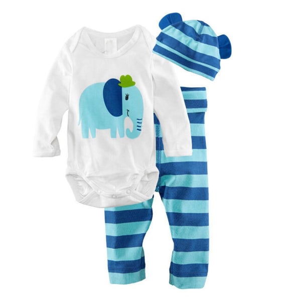 Newborn Baby Kläder Pojke Flicka Långärmad Romper Toppar + Byxor + Hatt Outfits Set Blue striped elephant 95cm