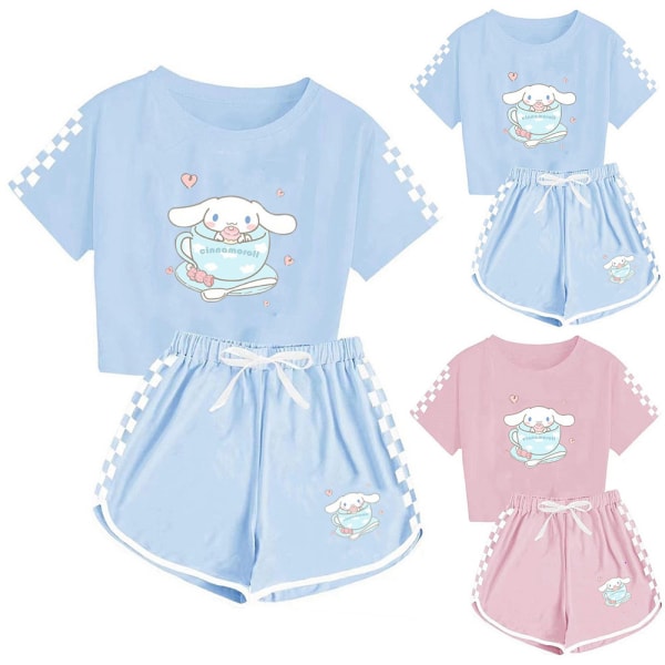 Barn Flickor Pojkar Cinnamoroll Print Kortärmad T-shirt & Shorts Sport Outfit Set Light blue 140cm