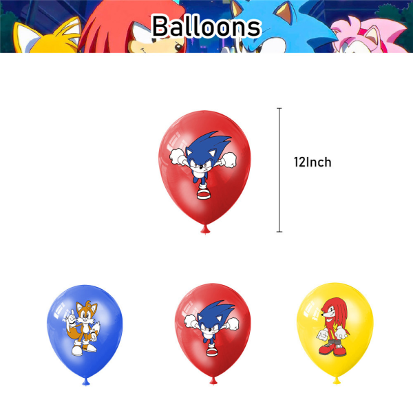 Sonic The Hedgehog Tema Födelsedagsfest Tillbehör Banner Ballonger Tårta Toppers Dekoration Set