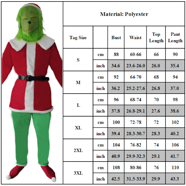 6PC Grön päls Monster Grinch Cos Suit Toppar Byxor Sock Handske