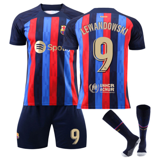 Barcelona hemma nr. 10 Messi nr. 9 Lewandowski Sportswear Set Barn Pojkar Fotbollssats Träningsoverall Set Skjorta Shorts Strumpor Jersey Outfit Sportkläder #9 22