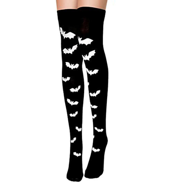 Polven yli ulottuvat pitkät sukat, joissa on pääkalloja, lepakoita ja hämähäkkejä - Halloween-sukat #3
