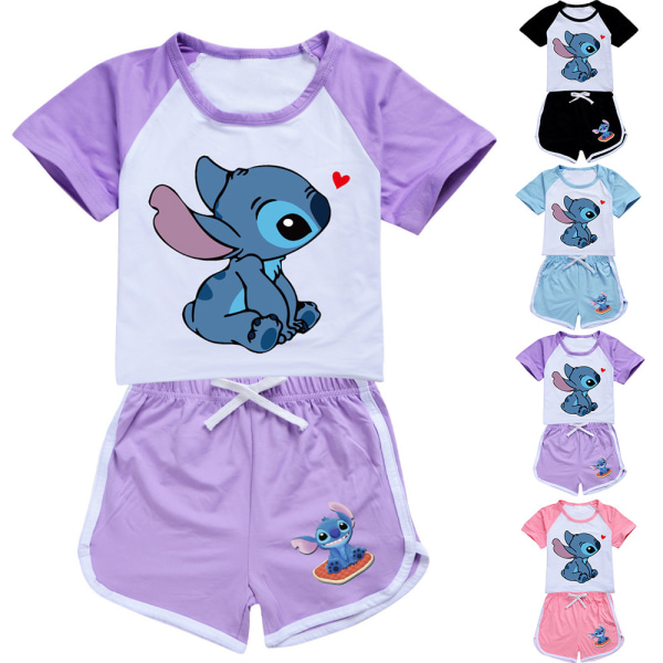 2-delars Set för Flickor, Lilo & Stitch Tryck, Avslappnad T-shirt & Shorts Purple 130cm