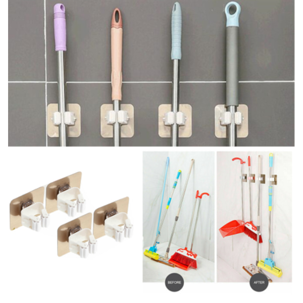 4-pack Självhäftande Mopphållare Väggmonterad Hängare Kvast Hylla 4pcs