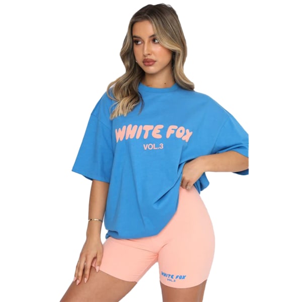 Summer White Fox Träningsoveraller Set Dam 2PCS T-shirt Shorts Casual Toppar Byxor Royal Blue+Pink Pants S